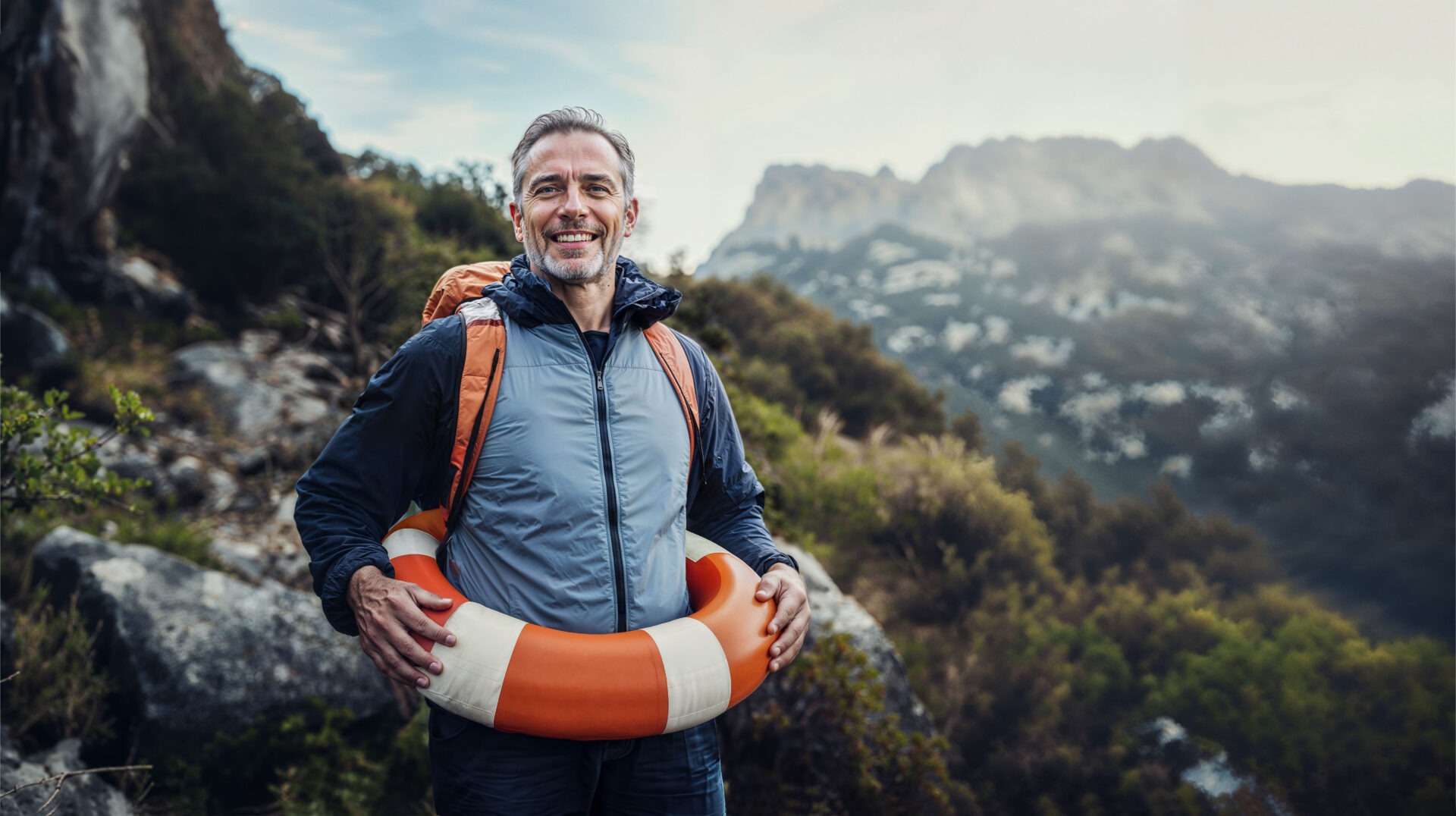 Older man wearing a life preserver while hiking