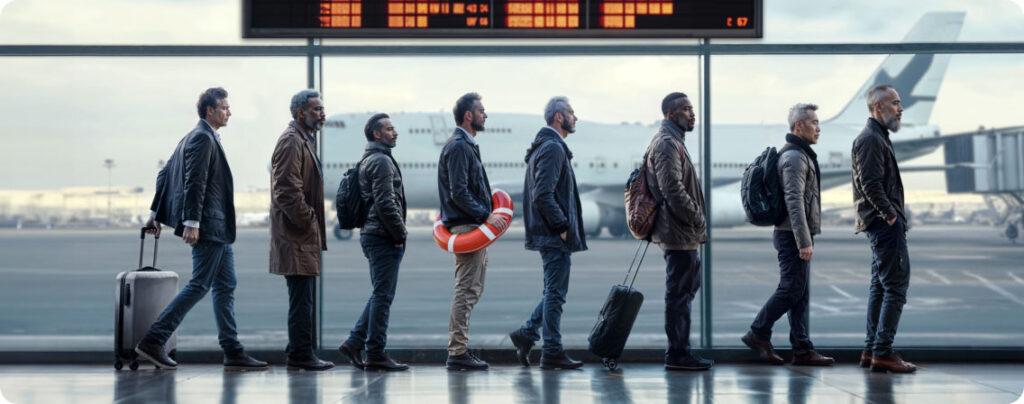 men standing in line at an airport with one wearing a life preserver
